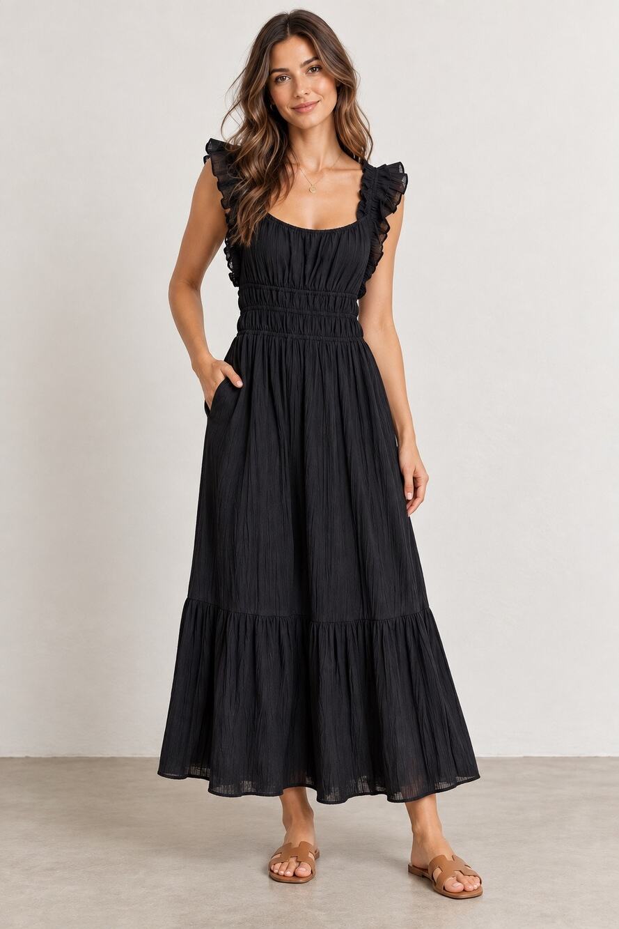 Abercrombie & Fitch Maxi Dress Womens M Black Ruffle Smocked Pockets Flowy